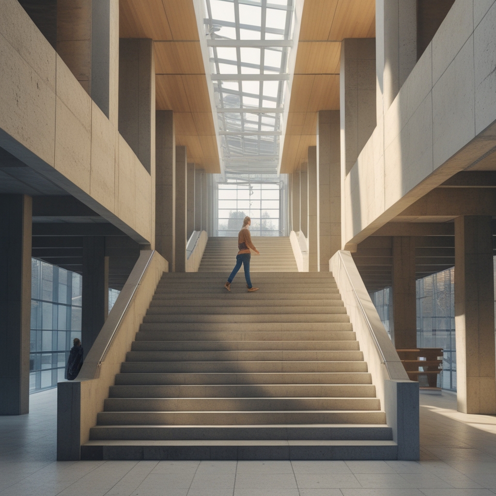 Sonnendurchfluteter Treppenaufgang in einem modernen Gebäude aus Beton und Holz, geometrische Schatten auf den Stufen, keine Personen anwesend