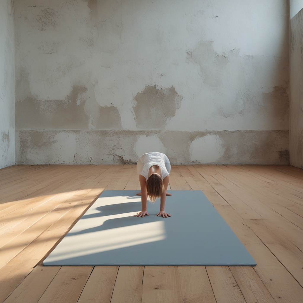 Minimalistisches Yoga-Matte auf einem hellen Holzboden, natürliches Licht fällt schräg von der Seite ein, erzeugt lange parallele Schatten auf der Matte