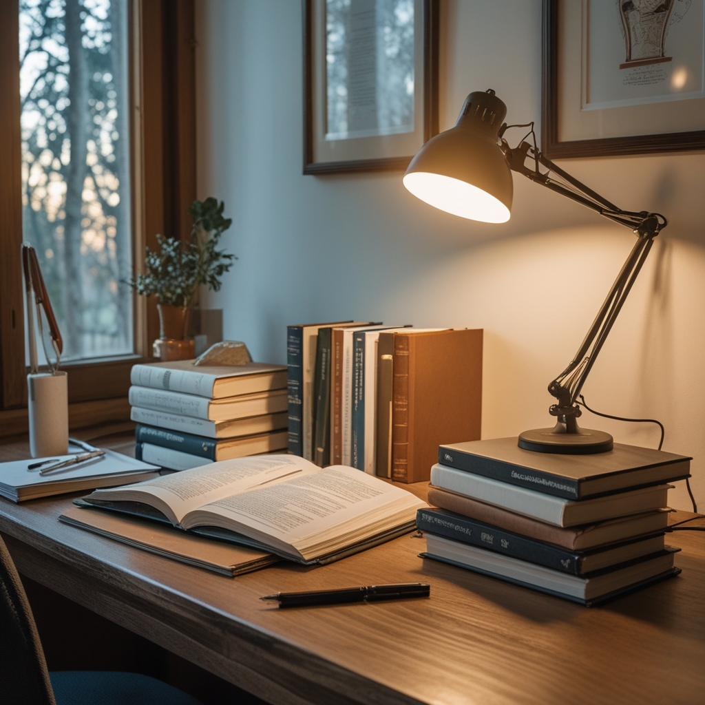 Schreibtisch mit aufgeschlagenen wissenschaftlichen Büchern, Notizheft und einem Stift auf einer Holzoberfläche, warmweißes Lampenlicht wirft einen sanften Schein, ruhige Forschungsatmosphäre