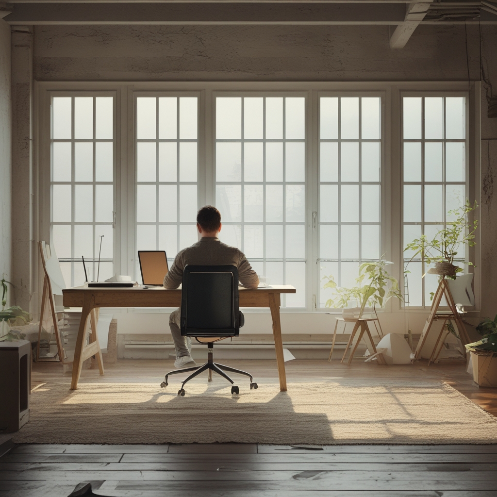 Ergonomisch gestalteter Arbeitsplatz mit natürlichem Holzschreibtisch, ruhiger Atmosphäre und weichem Tageslicht durch ein großes Fenster, ohne Person