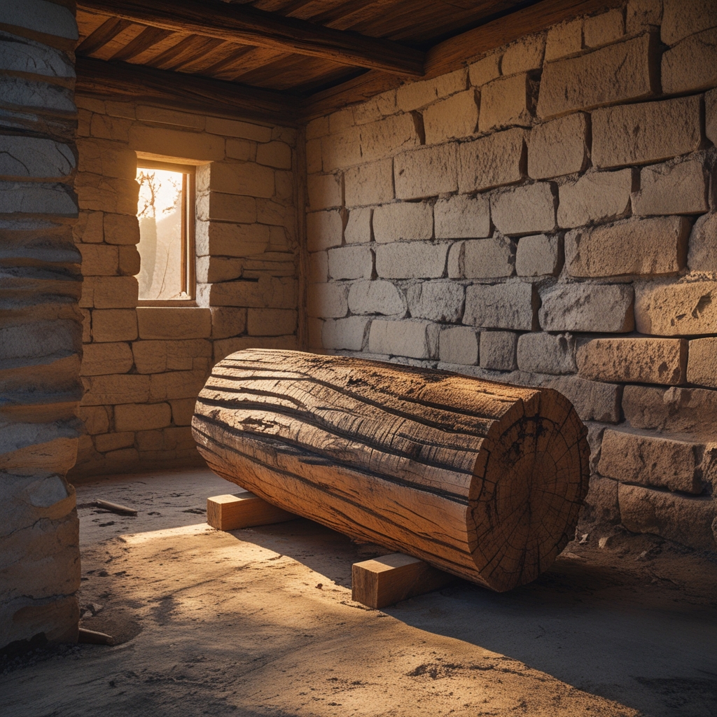 Schwere Holzstämme gestapelt in einem Schuppen mit Backsteinwänden, warmes Nachmittagslicht fällt durch eine kleine Fensteröffnung und beleuchtet die Textur der Rinde